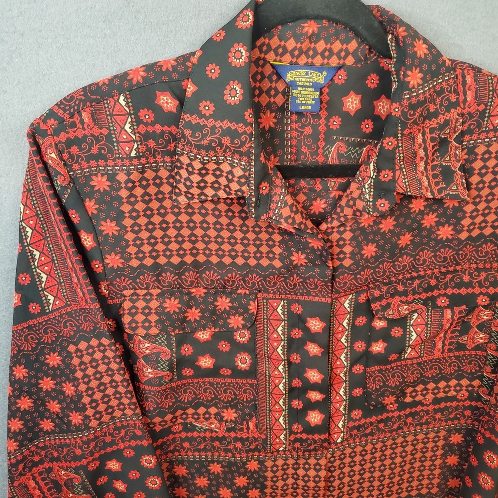 VTG Shaver Lake Women's L Red Black Geometric Patchwork Blouse Lightweight Top